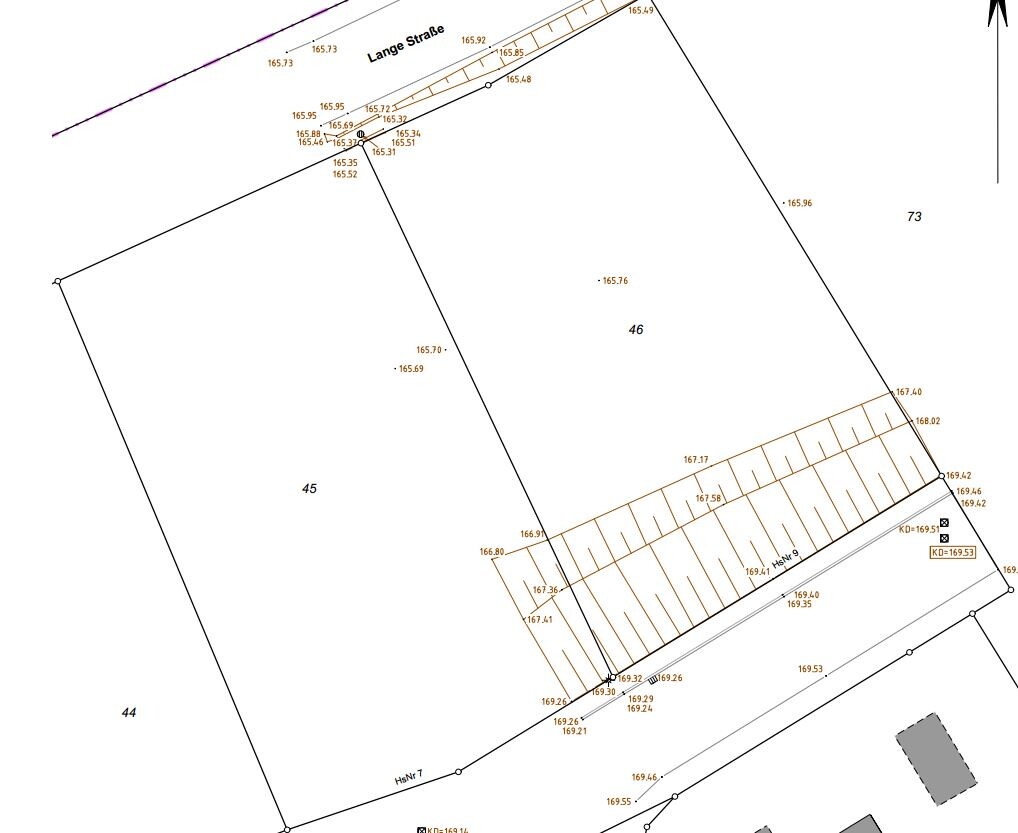 Lageplan mit Grundstücksparzellen entlang der Lange Straße