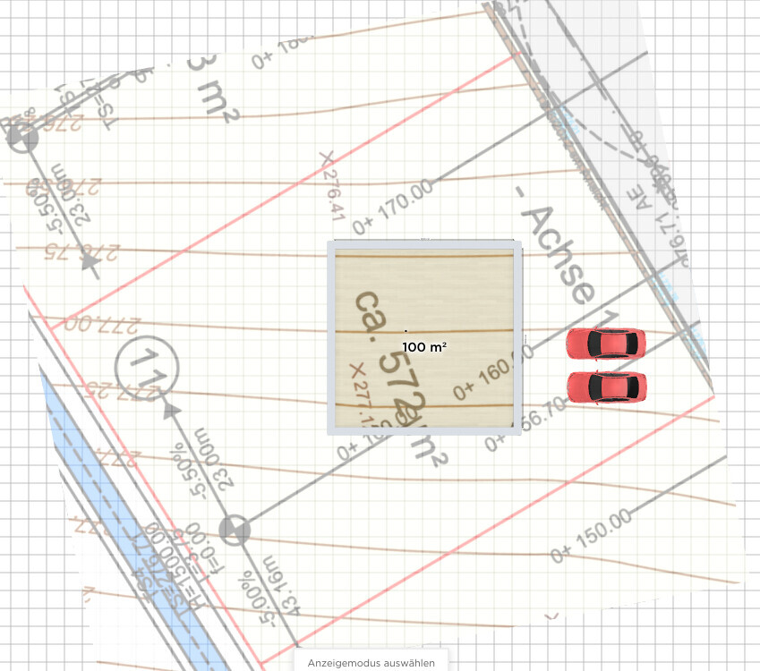 Lageplan eines Grundstücks mit 100 m² Holzelement in der Mitte und zwei roten Autos rechts.