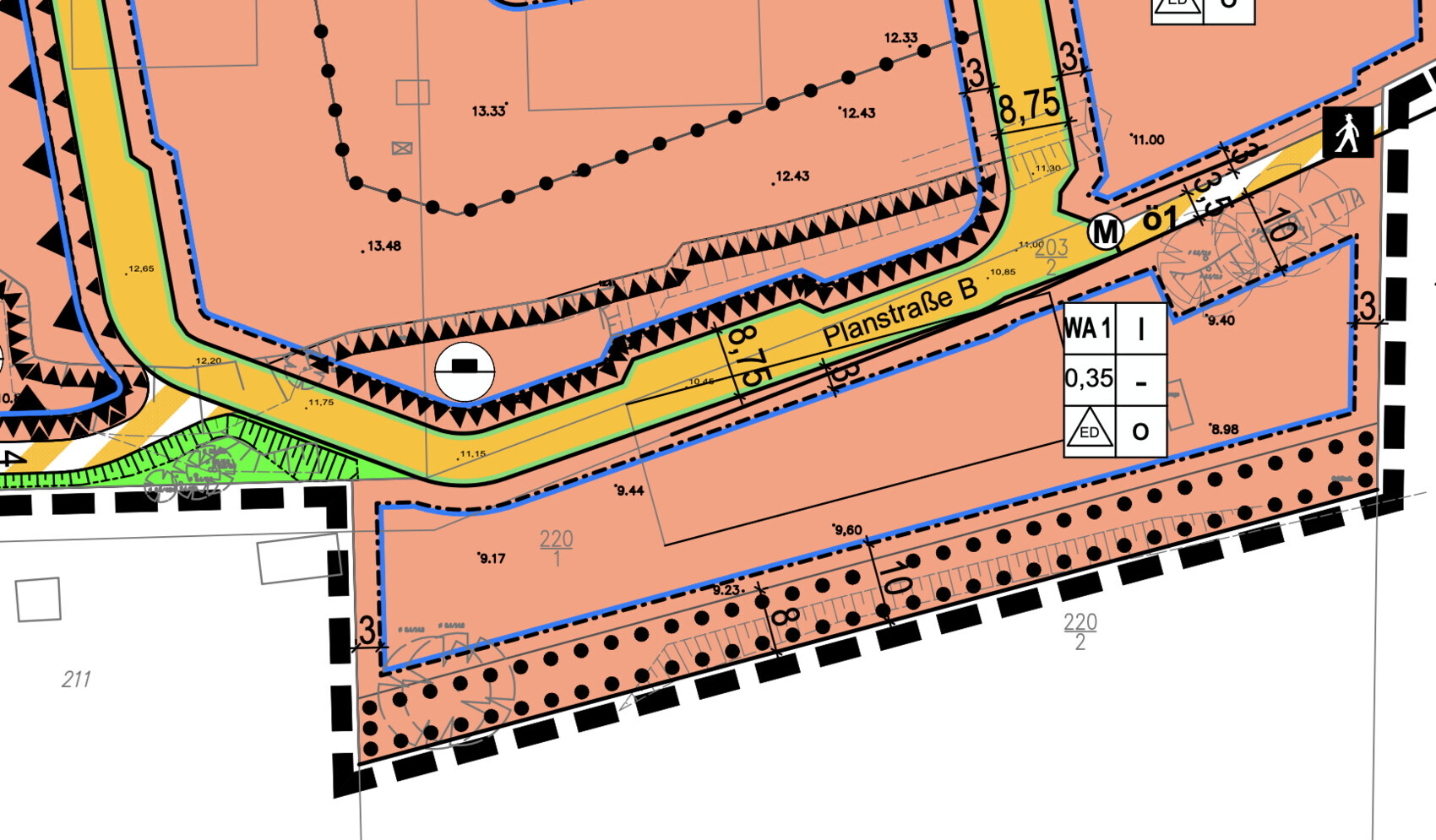 Detailreicher Bau- und Straßenplan mit Planstraße B, farbigen Zonen, Linien und Beschriftungen.