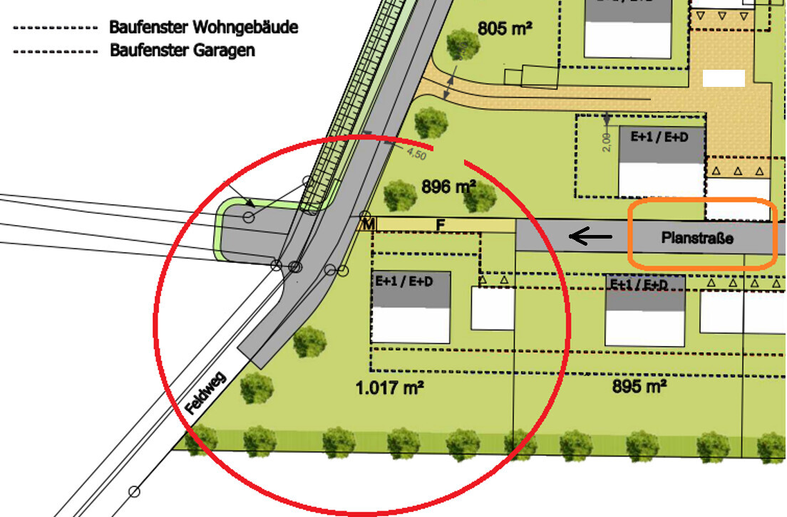 Lageplan: Planstraße rechts, Feldweg links, roter Kreis markiert Baufläche und Größen in m².