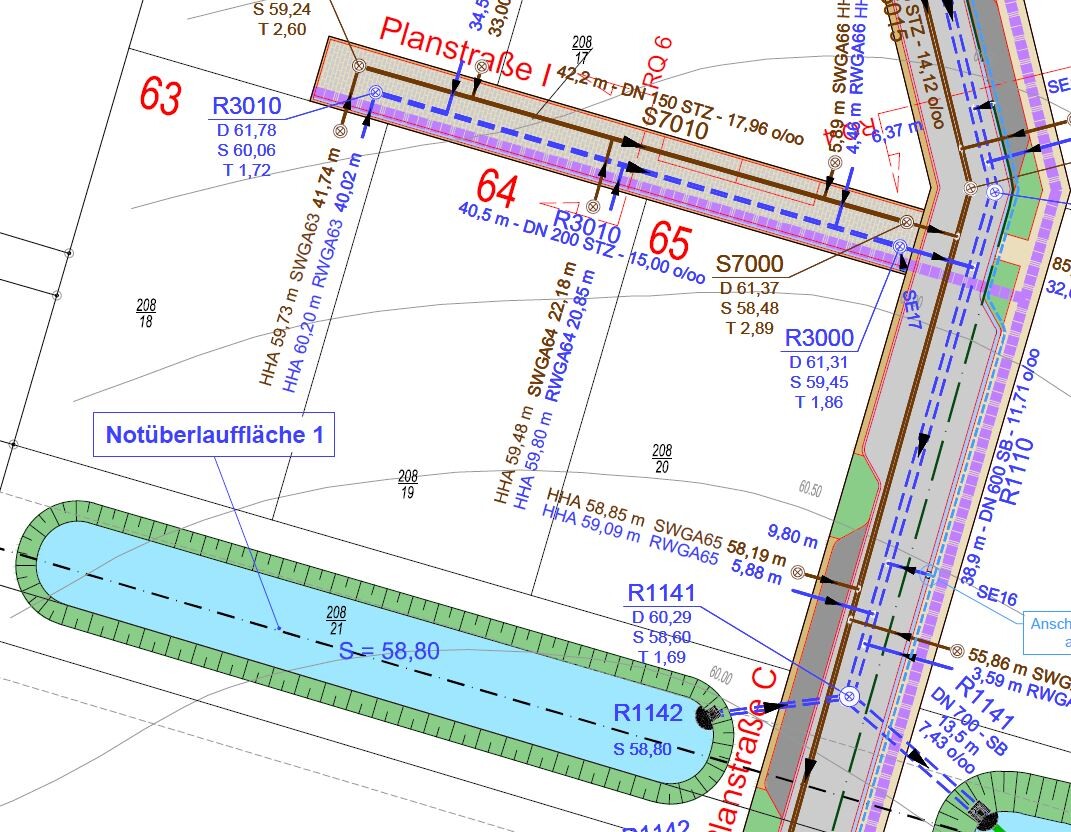Detailplan: Wasserkanal mit grünem Ufer, Planstraße I und Notüberlauffläche 1