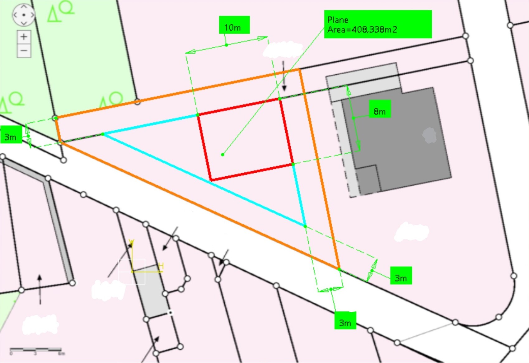 Lageplan mit farbigen Linien (orange, rot, cyan) und Maßangaben; rechts ein Gebäude.