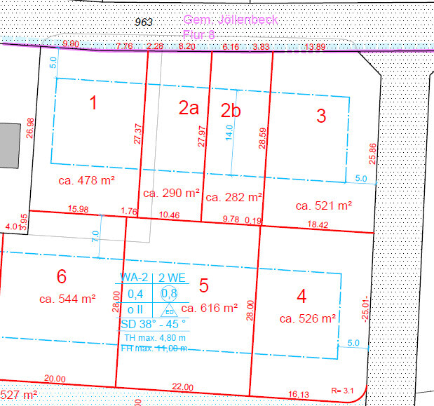 Lageplan mit Parzellen 1, 2a, 2b, 3, 4 und 6 auf Grundstuecksfläche
