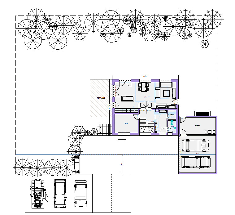 Grundriss eines Hauses mit Garten, Terrasse, Treppe, Garage und parkenden Autos.