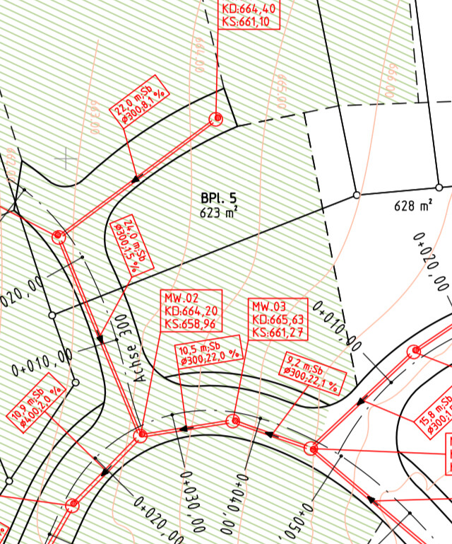 Detailierter Baugrundstück-Plan mit Grundstücksgrenzen, Linien, Maßen und roter Beschriftung.