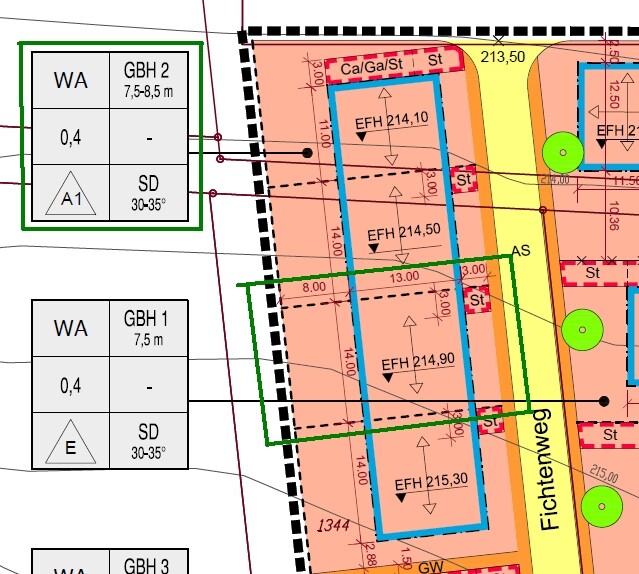 Lageplan mit farbigen Bauzonen, Straßen, Maßzahlen und rechteckigen Gebäudeblöcken.