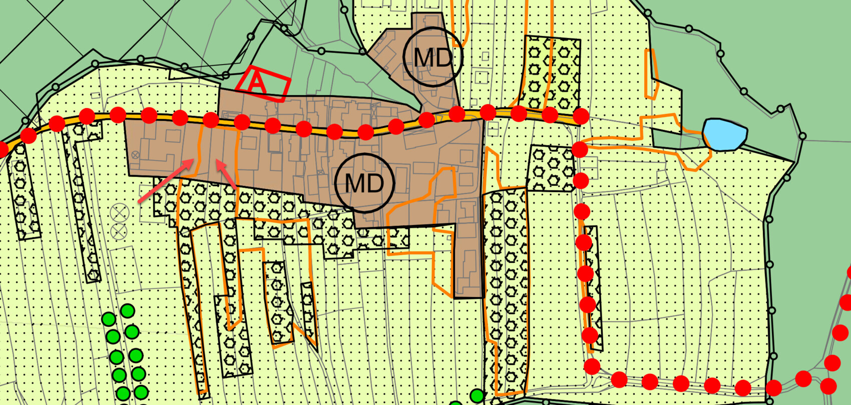 Lageplan eines Grundstücks mit Bebauung, Wegen und Grünflächen.
