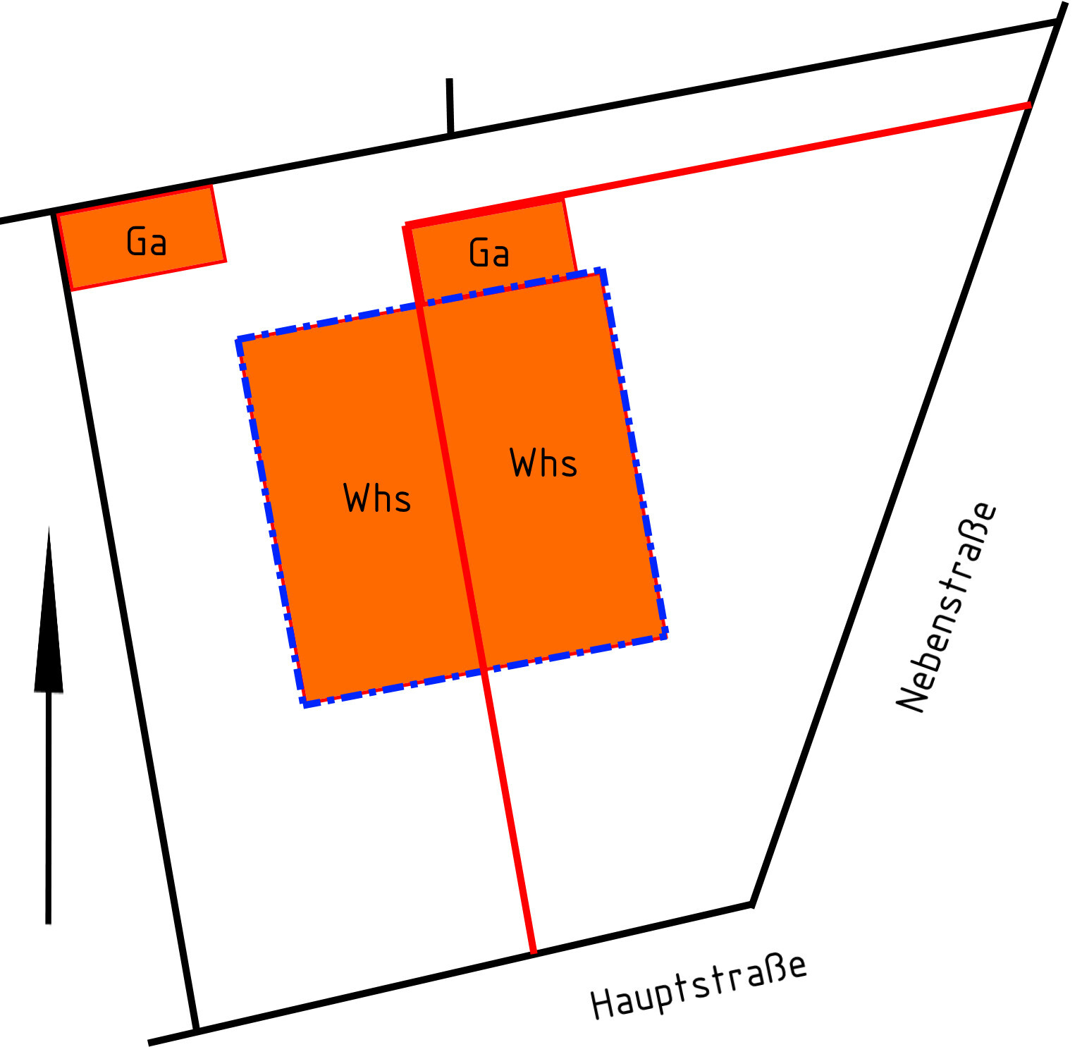 Lageplan: Zwei orange Whs-Häuser und Ga-Garagen.