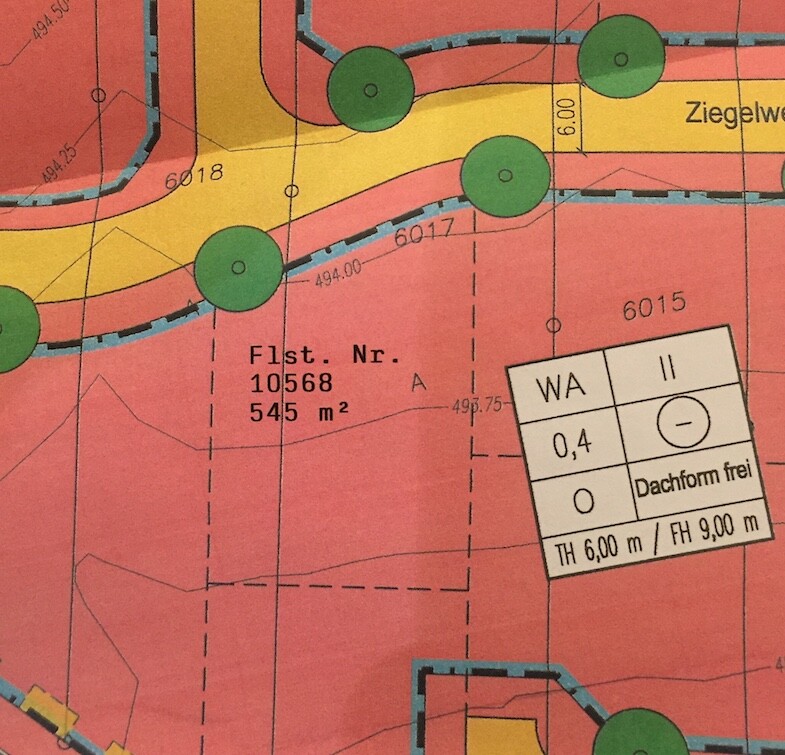 Lageplan eines Baugrundstücks mit FlstNr 10568, Maßen und Bäumen