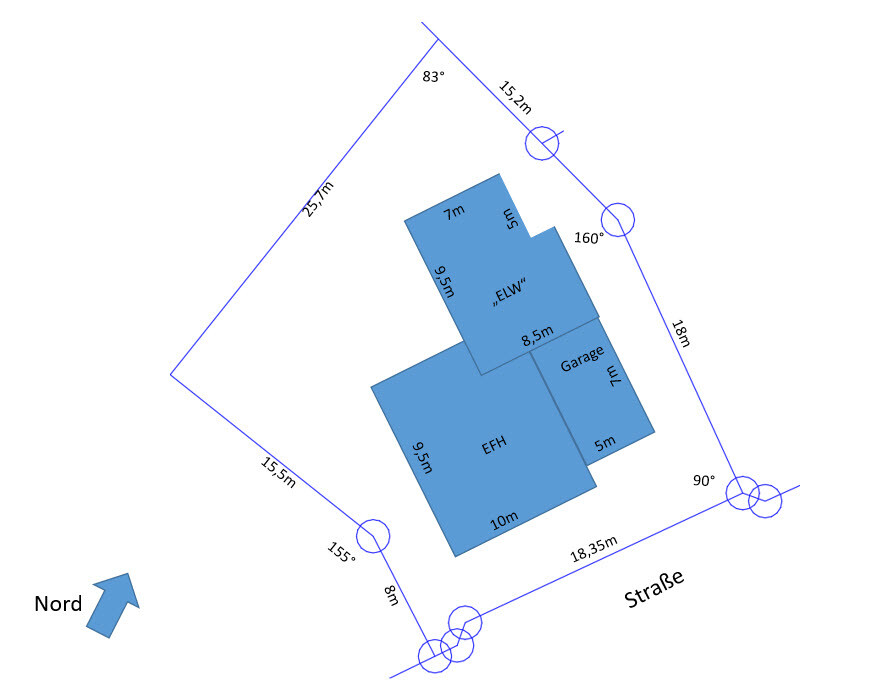 Lageplan eines Hauses mit EFH/ELW, Garage, Maße und Nordpfeil.