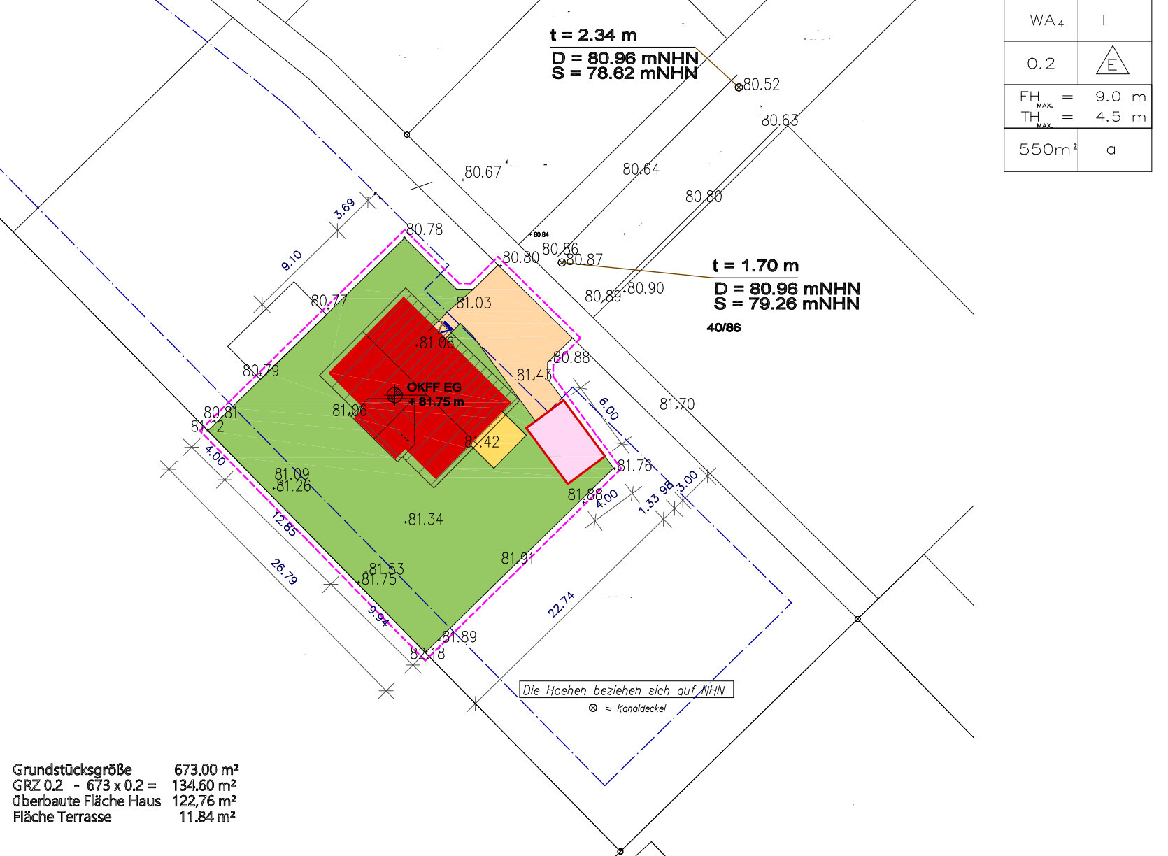 Lageplan des Grundstücks mit grüner Gartenfläche, rotem Gebäudebereich, pinker Grenzlinie.