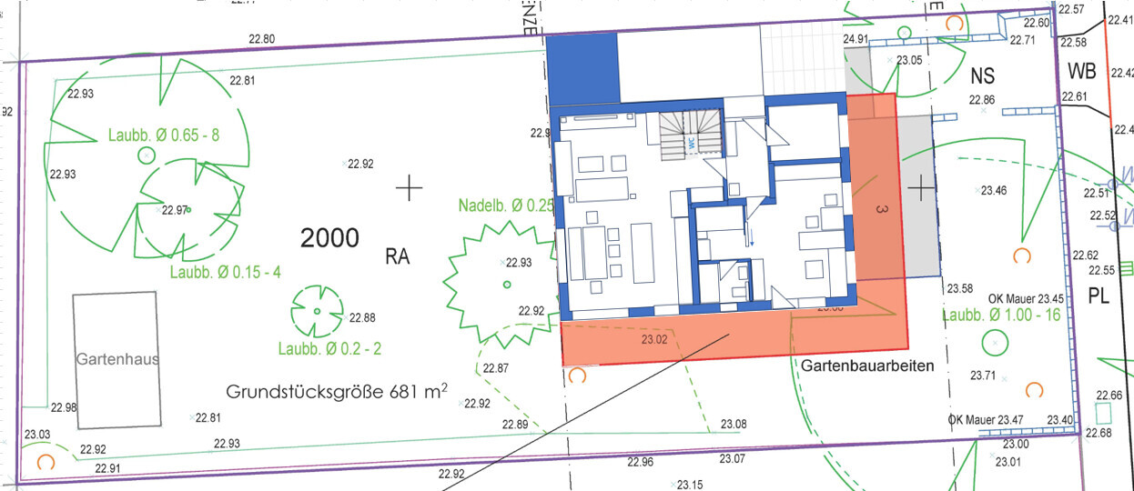 Lageplan eines Hauses mit Gartenbereich und Gartenarbeiten; Grundstücksgröße 681 m²