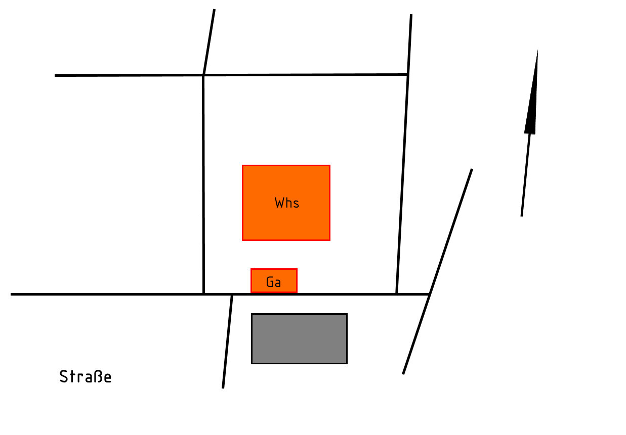 Lageplan: Straßengrundstück mit rotem Hausquadrat (Whs) und kleinem Garten (Ga); graue Garage.