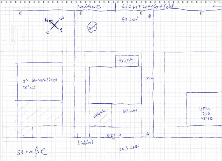 Grundstücksskizze Wald oben, links Garage/Lager, Haus mit Stellplatz, EFH rechts, Einfahrt unten.
