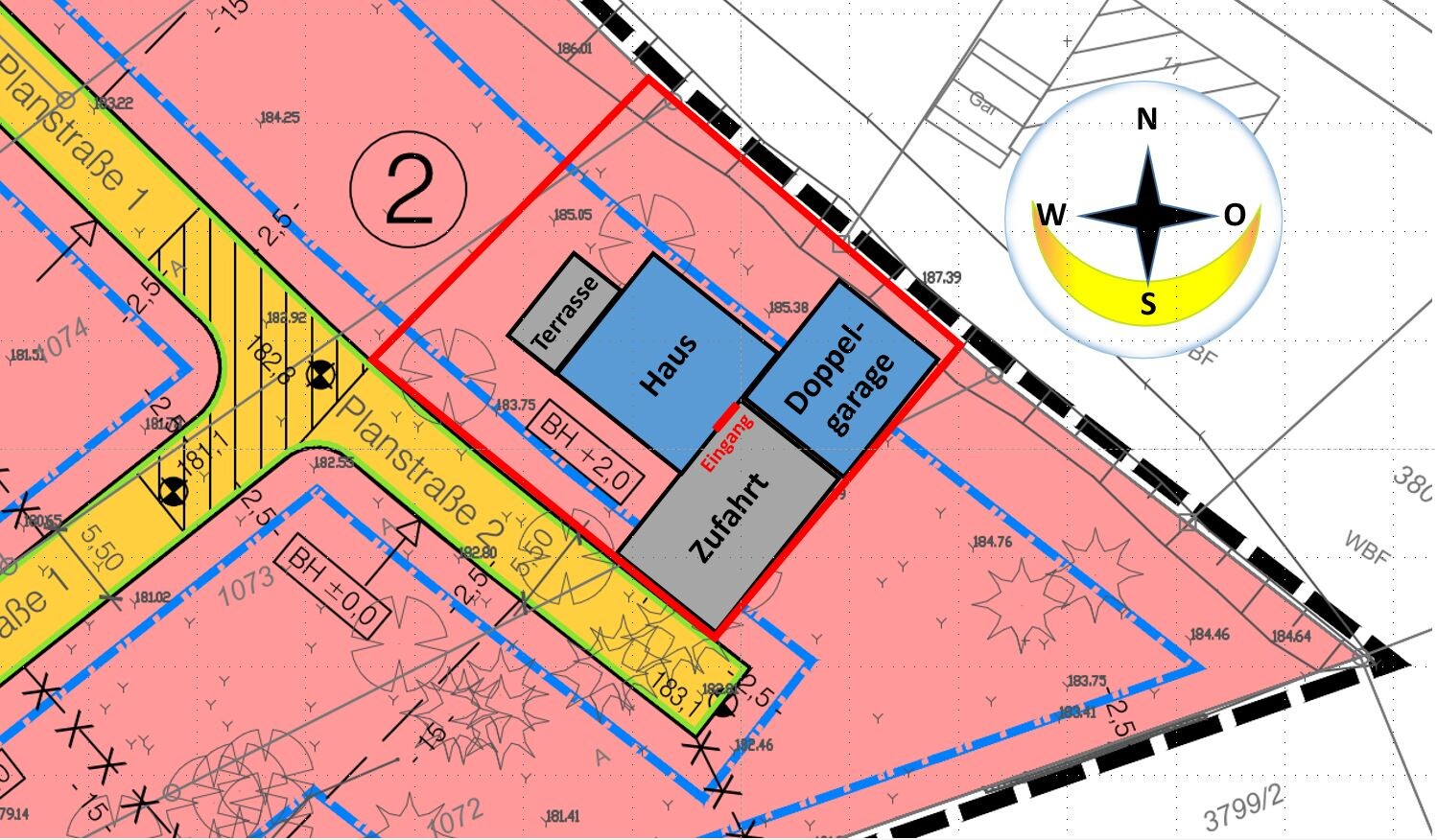 Lageplan eines Grundstücks mit Haus, Doppelgarage, Terrasse und Begrenzungslinien