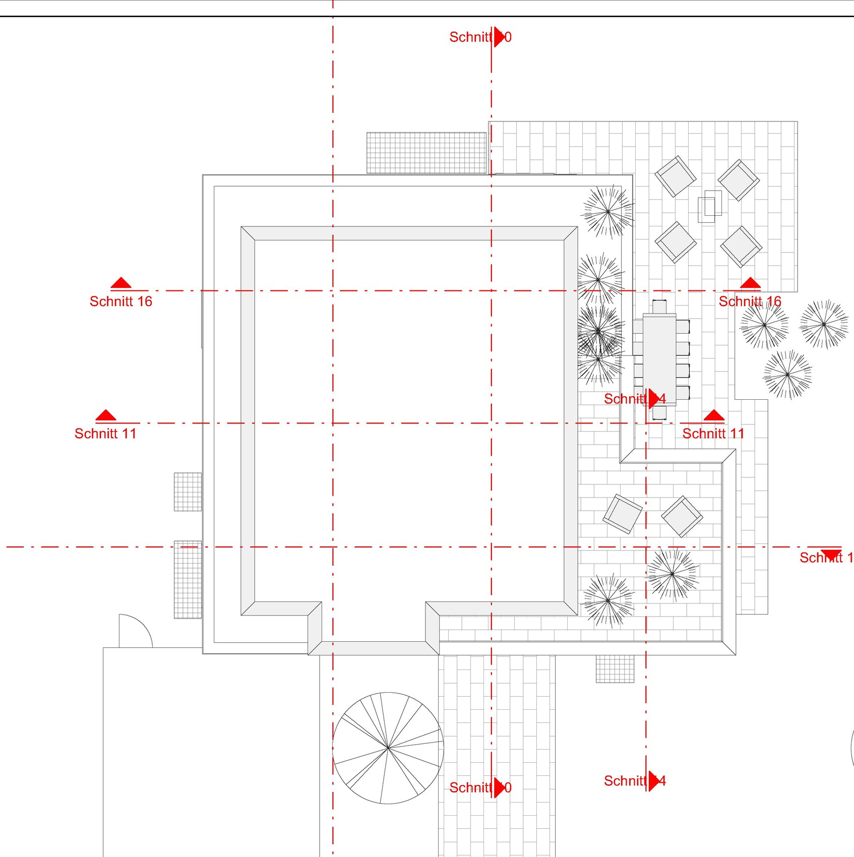 Architektur-Lageplan: Innenhof mit Terrasse, Sitzgruppe und Bäumen.