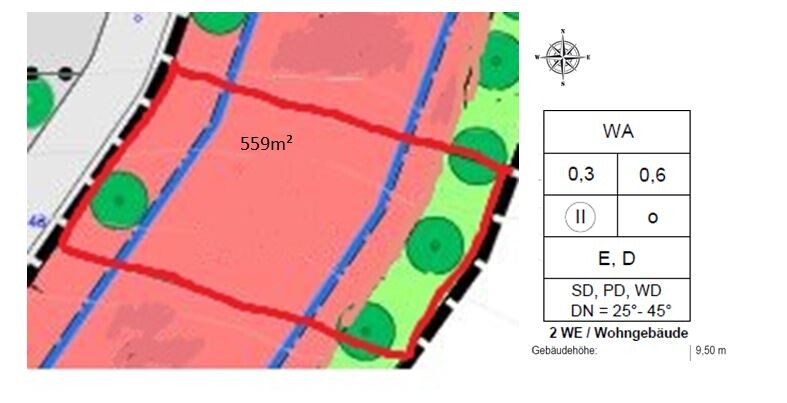 Plan eines Grundstücks: roter Umriss mit 559m², grüne Bäume, blaue Linien, rechts Bauteil-Info.
