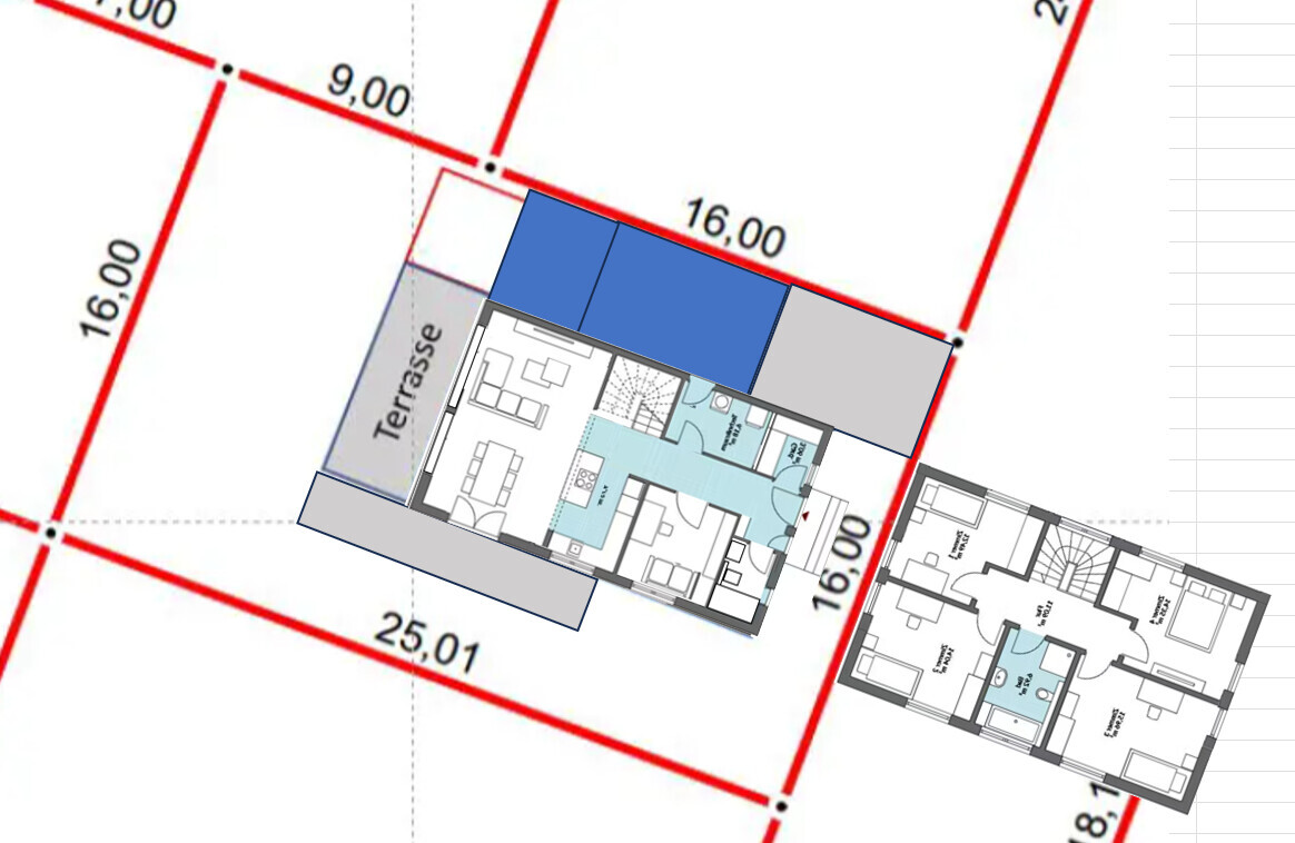 Lageplan eines Hauses mit Terrasse, roter Grundstücksgrenze und Innenaufteilung der Räume.