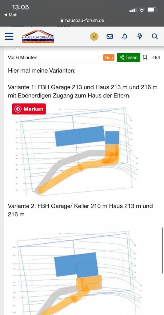 Skizzenbild: zwei Varianten eines Baugrundrisses mit blauen Rechtecken und orange/grauen Linien.