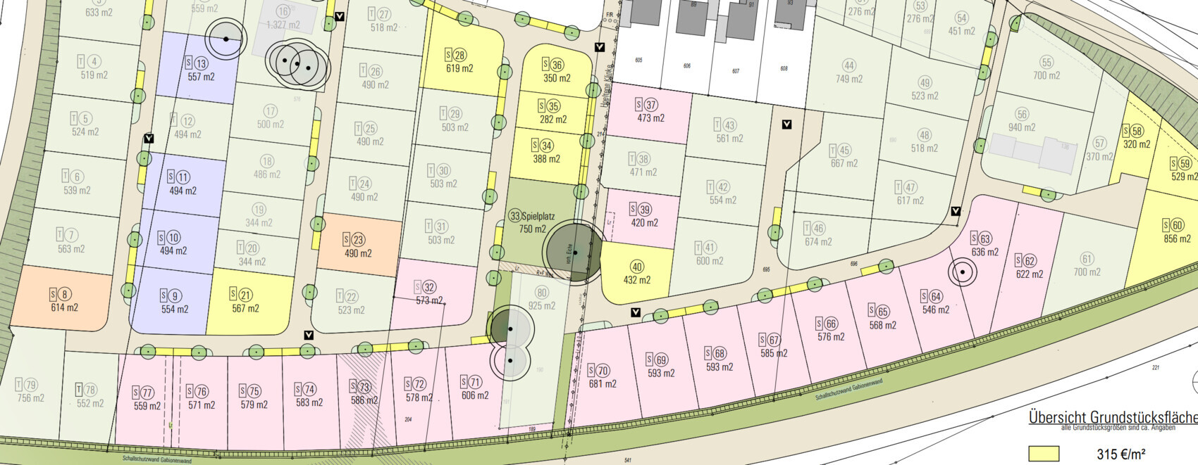 Kartenplan mit farbigen Parzellen, Flächenangaben in m2 und Straßennutzung.