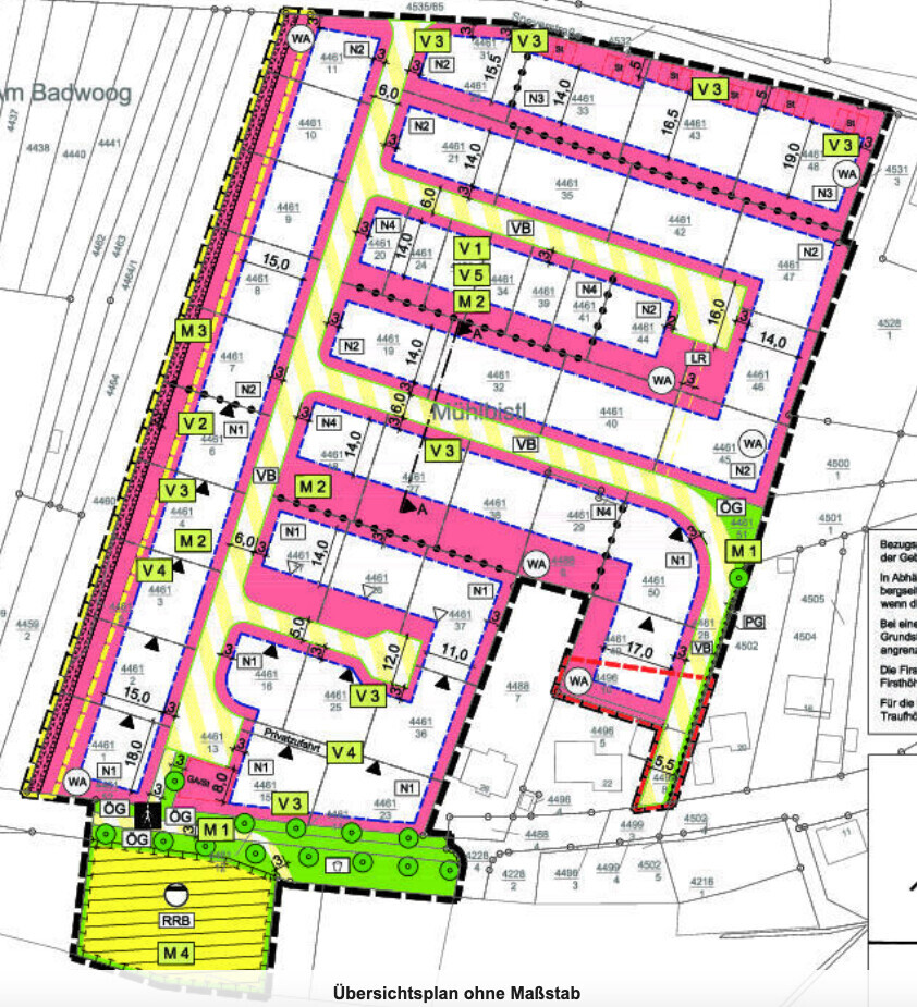 Übersichtsplan eines Baugebiets: farbige Zonen (V3, M1, VB), Straßenlage und Grünflächen.