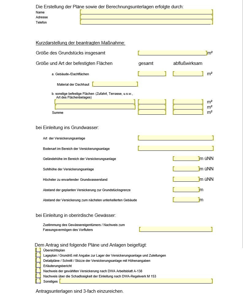 Formblatt zur Erstellung von Plänen und Berechnungsunterlagen für Hausbauantrag