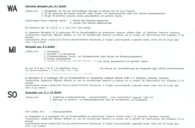 Zonenplan WA, MI, SO: Allgemeines Wohngebiet, Mischgebiet, Sondergebiet (BauNVO).