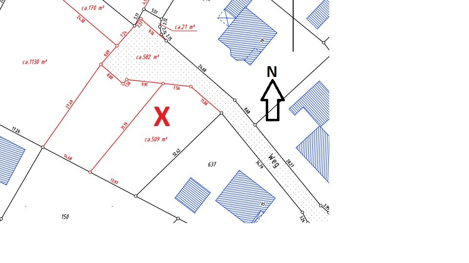 Lageplan: Grundstück X (ca. 509 m²) rot markiert, am Weg, Nordpfeil, blaue Flächen.