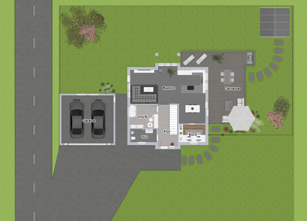 Grundriss eines Einfamilienhauses: Garage mit zwei Autos, Büro, Balkon, Terrasse und Garten.