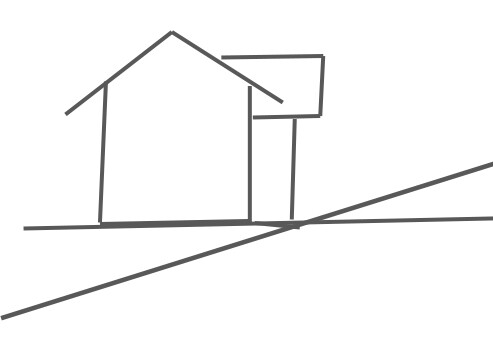 Skizze eines Hauses mit Dach, Geländelinie und Bodenlinie