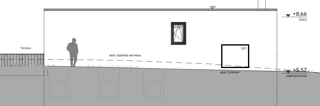 Ansicht eines Hauses mit Terrasse, Personensilhouette, Fenster und Hangverlauf.