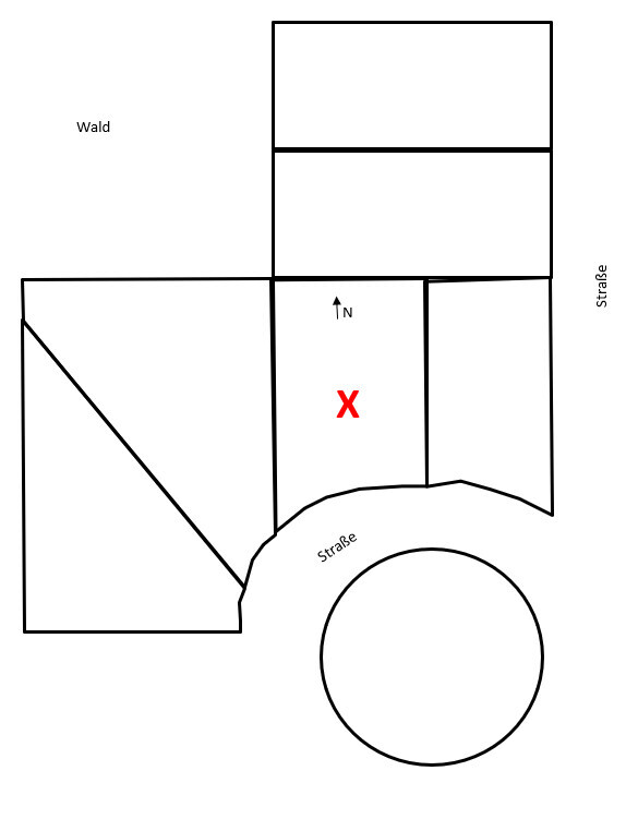 Lageplan eines Grundstücks mit Wald links, Straße rechts und rotem X im Zentrum.