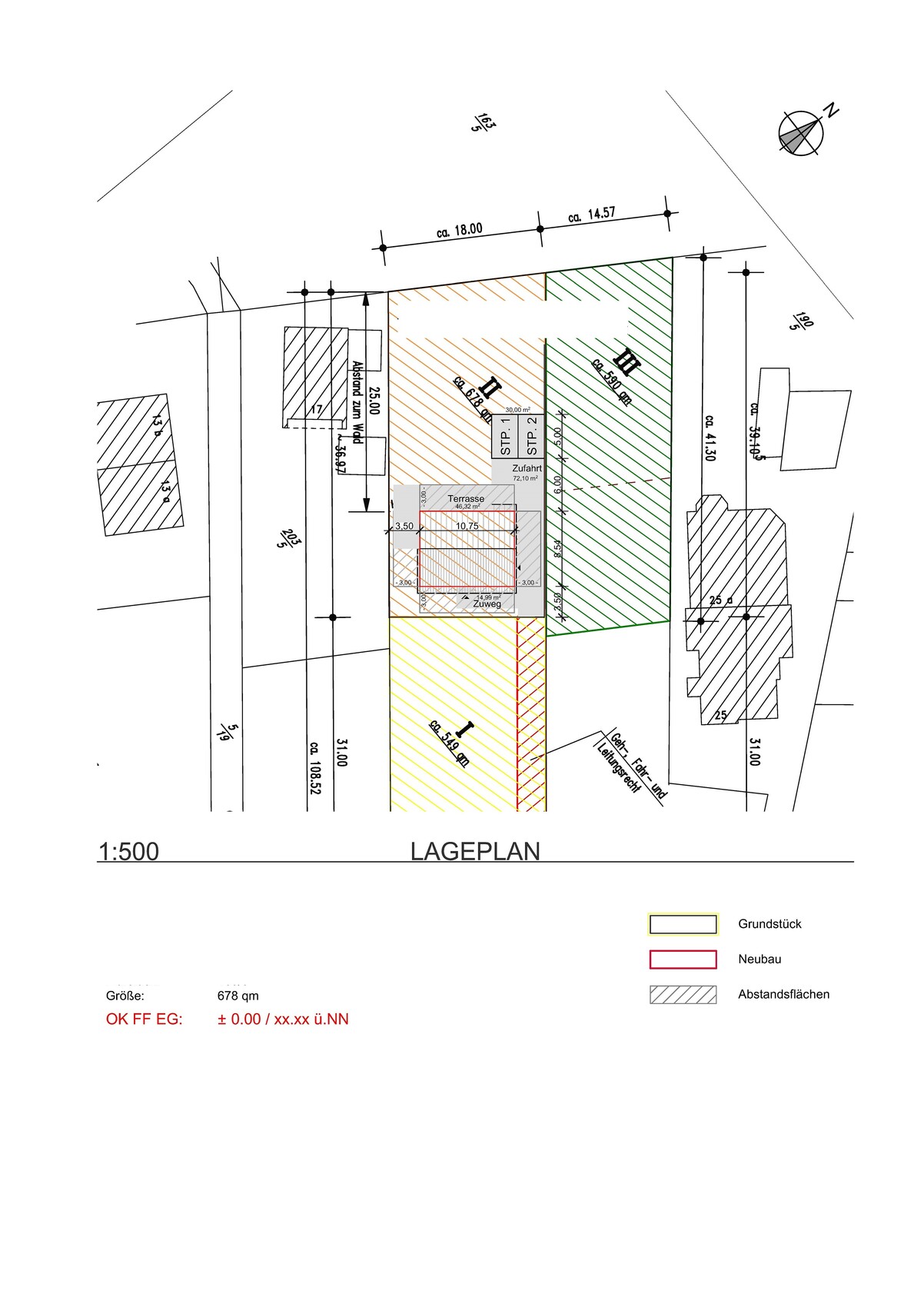 Lageplan eines Grundstücks mit Bauplatz, Zufahrt und Abstandsflächen.