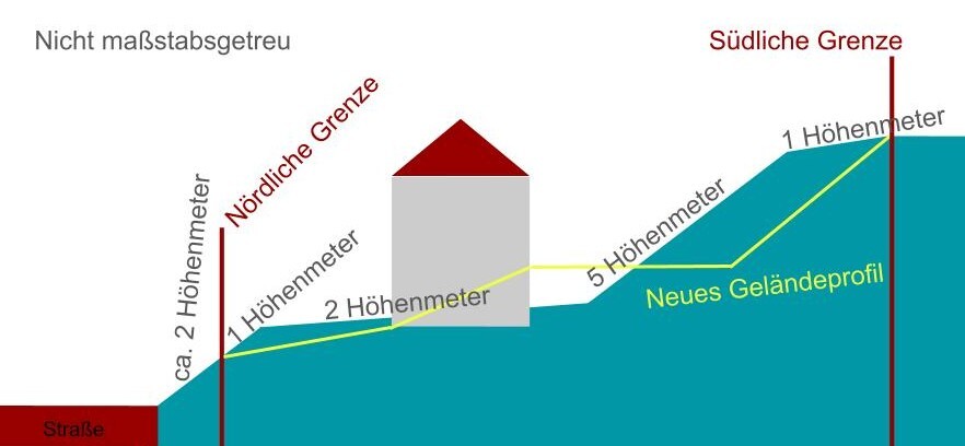 Topografische Grundstücksdarstellung mit Grenzverlauf, Höhenmeterangaben und Hausstandort