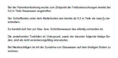 Technische Notiz zu Grundwasser, Bodenschichten und Fundament bei Baugrunduntersuchung.