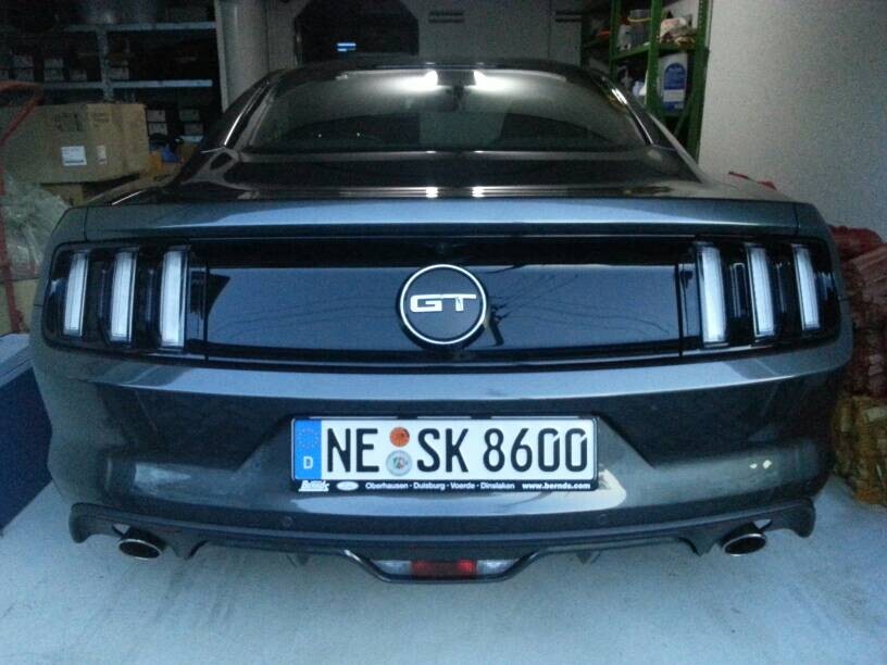 Rückansicht eines grauen Ford Mustang GT in Garage mit deutschem Kennzeichen NE SK 8600