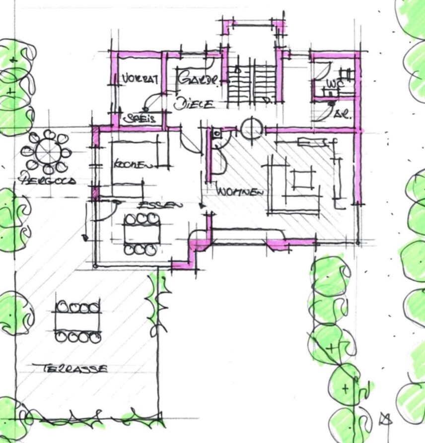 Handgezeichneter Grundriss eines Hauses mit Wohnzimmer, Küche, Essbereich, Terrasse und Garten.