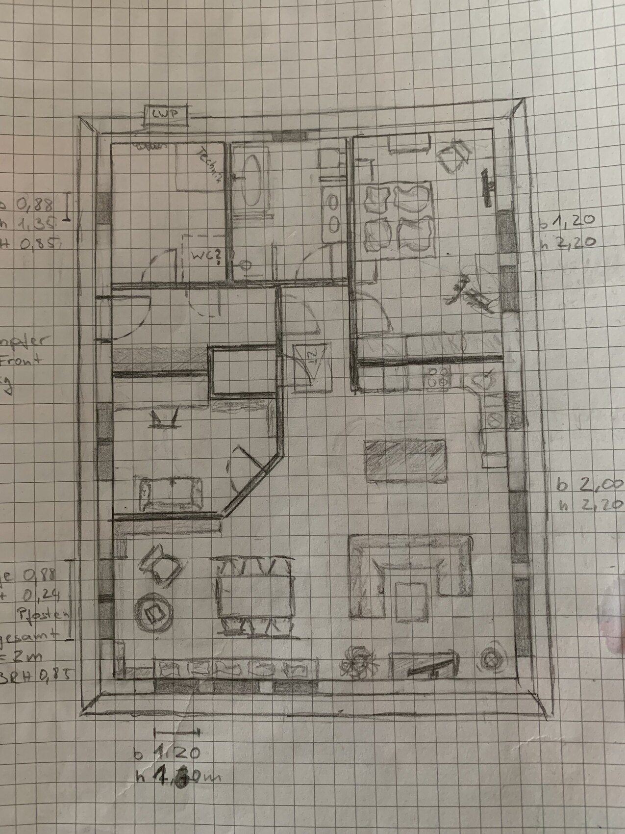 Handgezeichneter Grundriss einer Wohnung mit Küche, Bad, Wohnzimmer und Schlafzimmer.