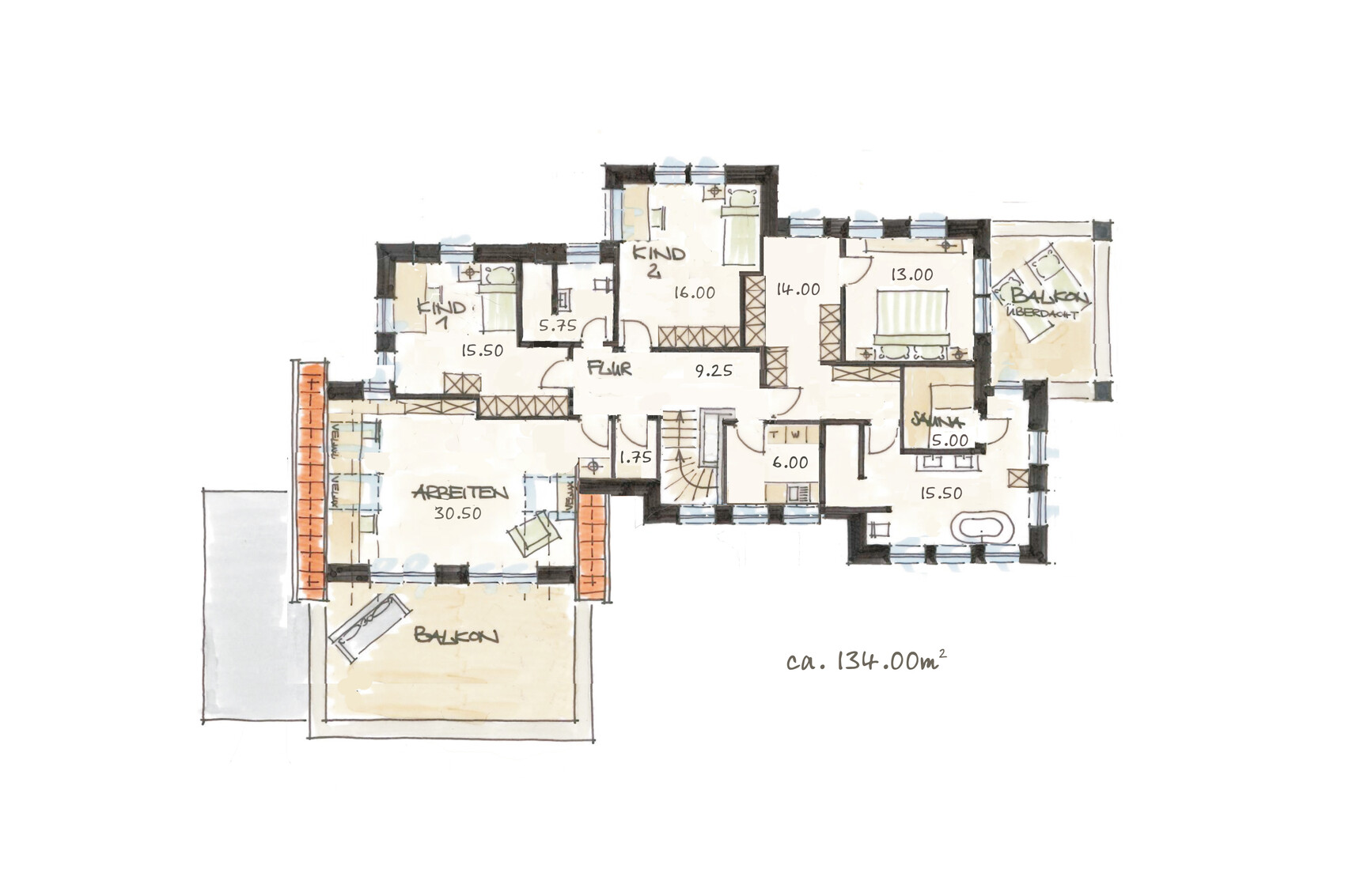 Handgezeichnete Grundrisszeichnung eines Hauses mit Zimmern, Balkon und ca. 134 m².