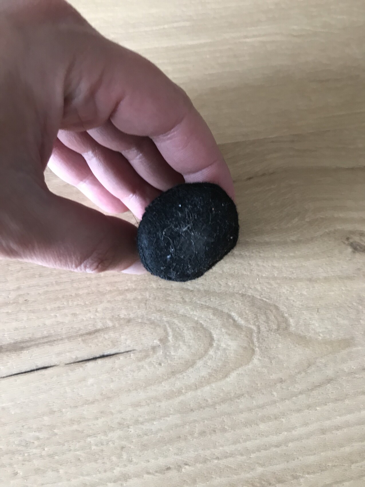 Hand hält einen schwarzen, runden Ball mit pelziger Oberfläche auf Holzuntergrund.