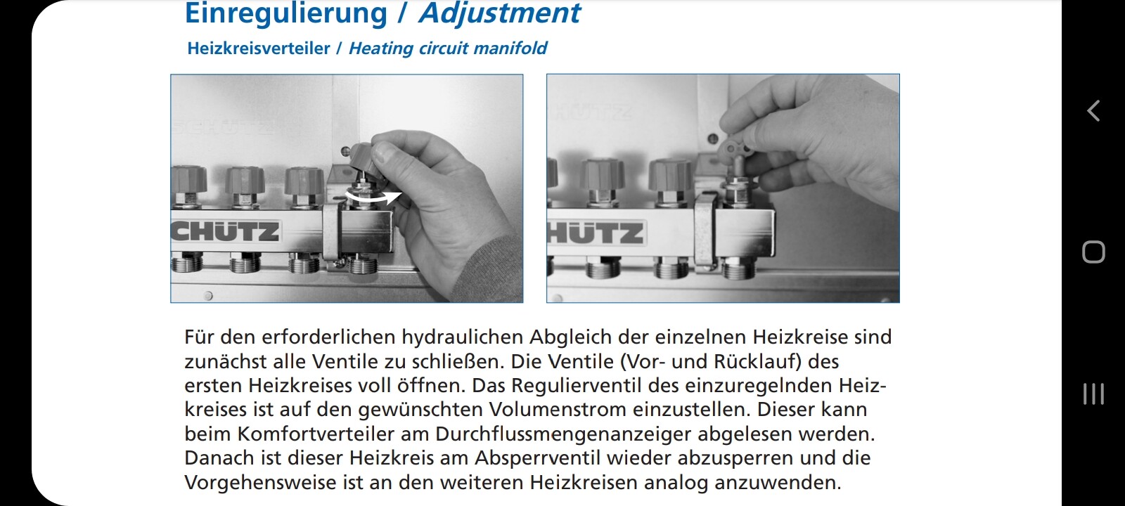 Hand justiert Heizkreisverteiler-Ventil, zwei Nahaufnahmen des Reglers
