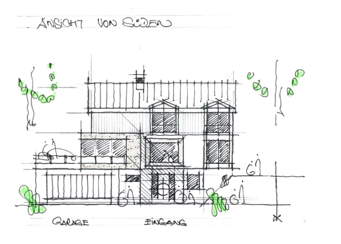 Skizze einer modernen, zweistöckigen Südfassade mit Eingang und Gartenpflanzen.