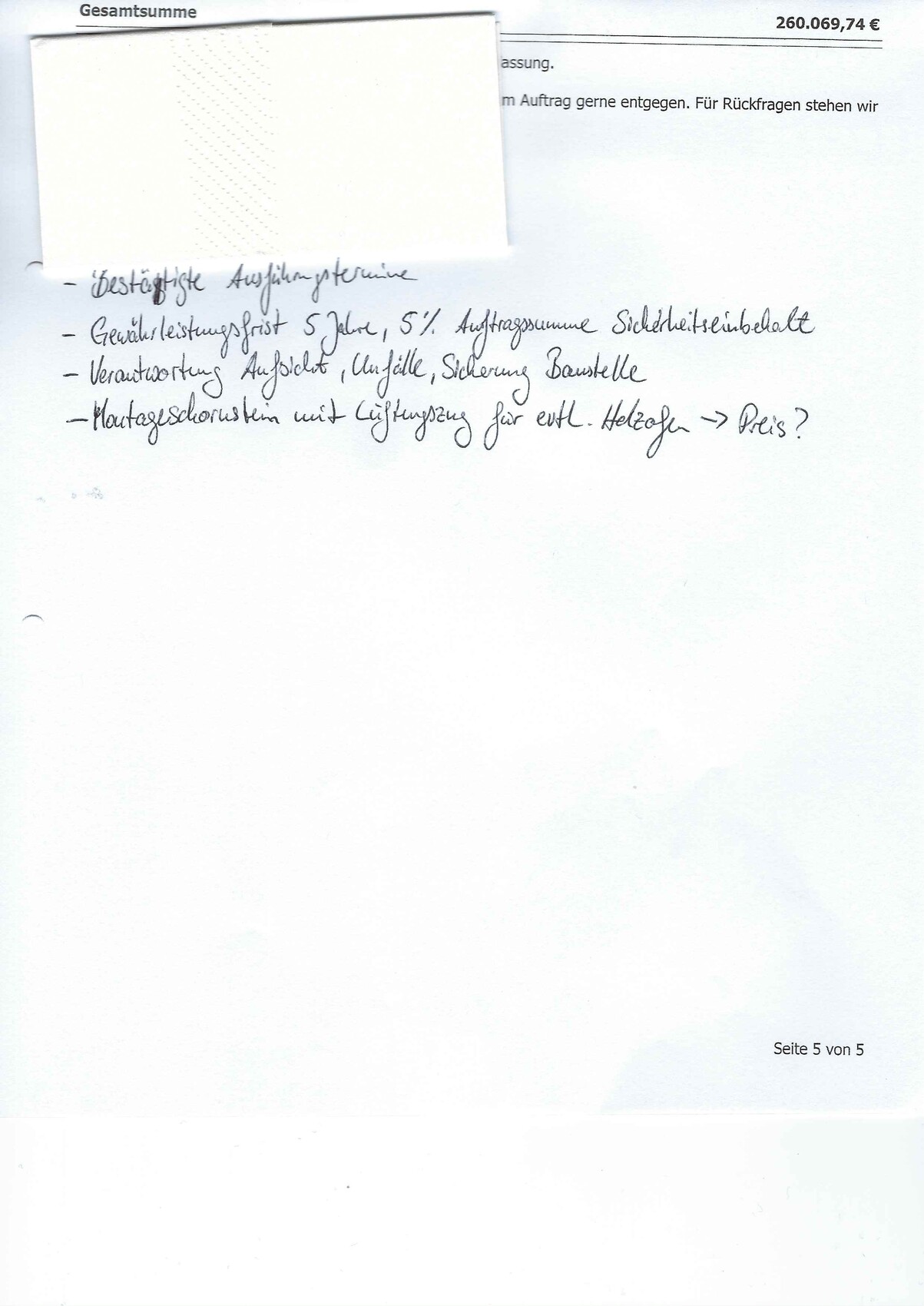Handschriftliche Notizen auf Bau-Dokumentseite mit Gesamtsumme