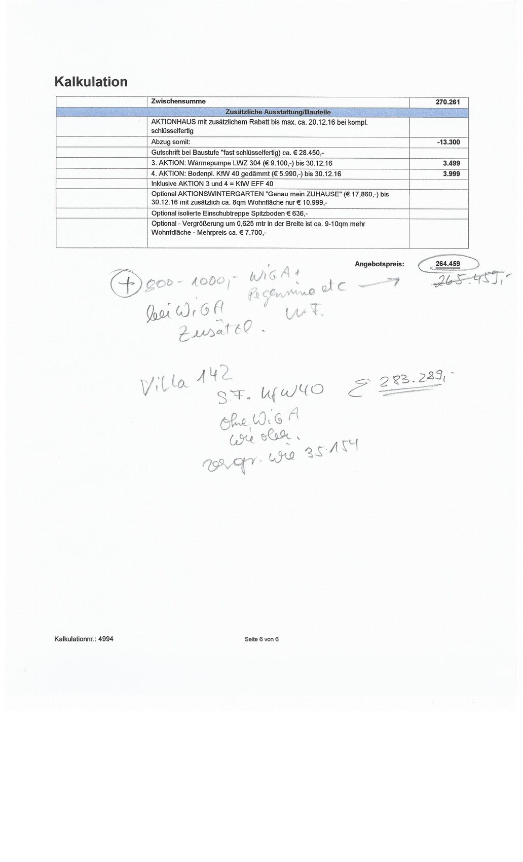 Scan eines Kalkulationsdokuments mit Tabelle und handschriftlichen Notizen.