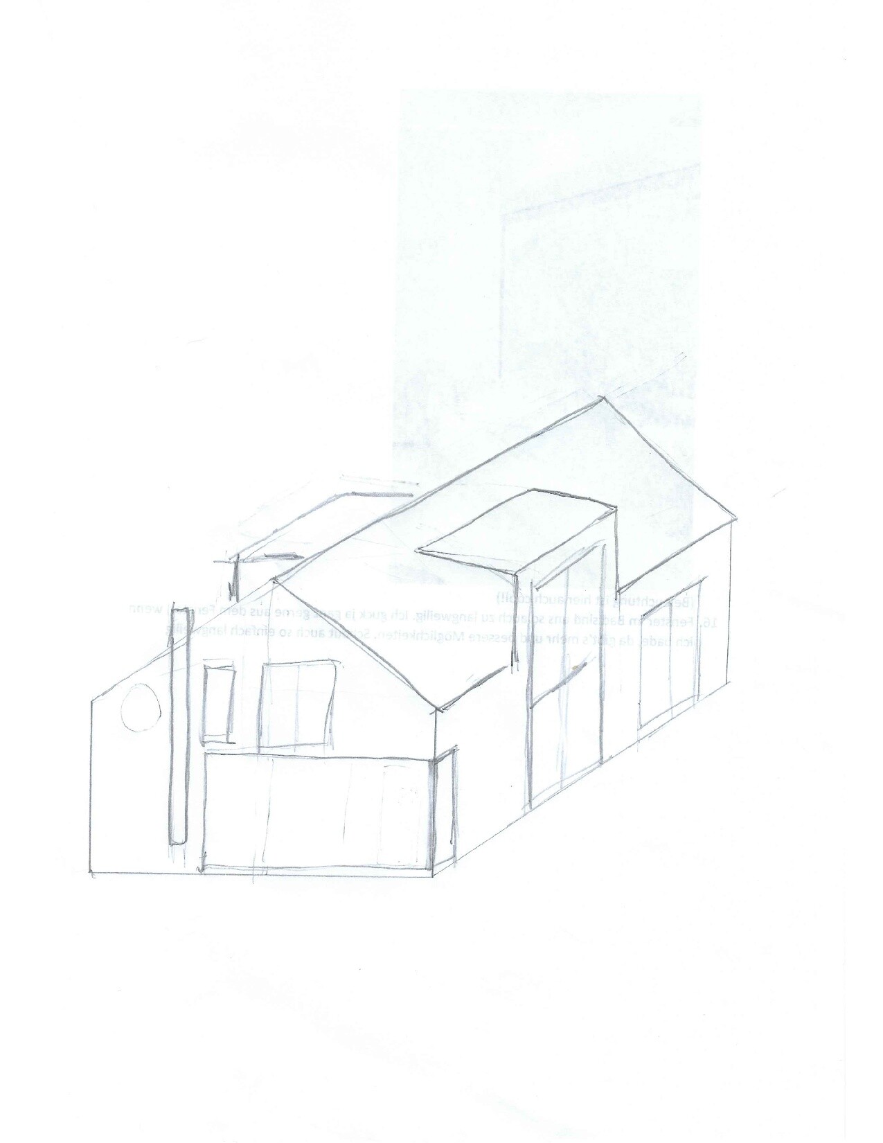 Skizze eines mehrteiligen Hauses mit Satteldächern, Fenstern und Türen.