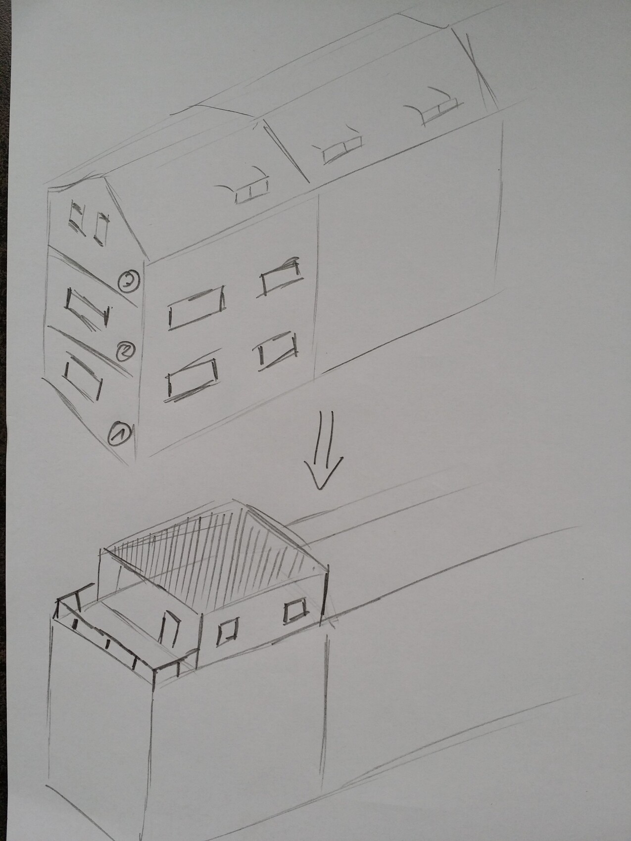 Handgezeichnete 3D-Haus-Skizze mit zwei Ebenen und Fenstern
