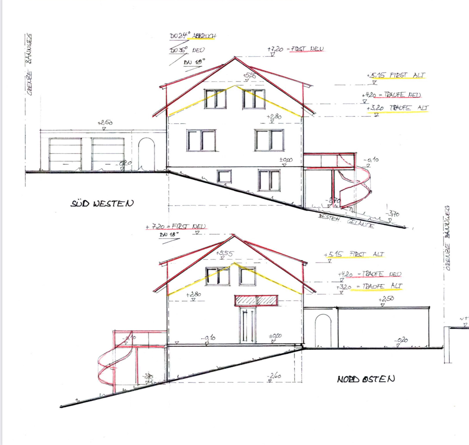 Architekturzeichnung eines zweigeschossigen Hauses mit Garage; Front- und Seitenansicht.