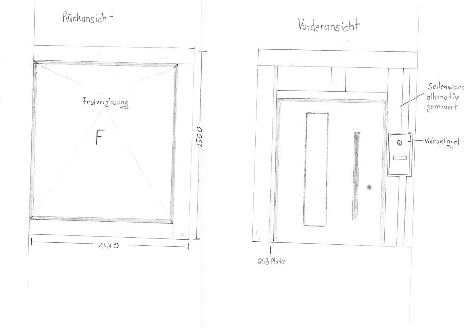 Rückansicht: festverglastes Fenster. Vorderansicht: Tür mit Seitwand, Video-Klingel, OSB-Platte.