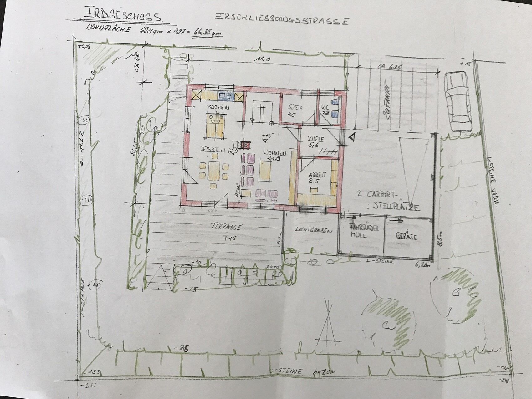 Erdgeschoss-Plan: Küche, Wohnen, Diele, Speis, Terrasse, Garten, Carport.