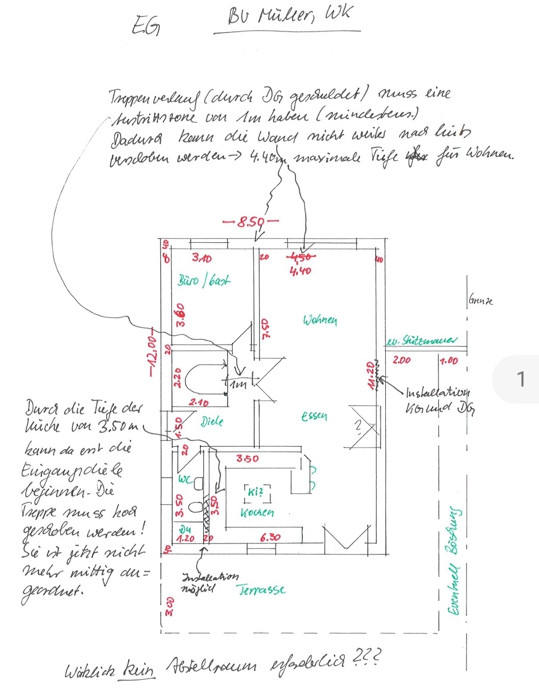 Handgezeichneter Grundriss eines Hauses mit Küche, Wohnen, Essen, Büro, WC und Terrasse.